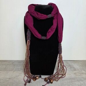 Vintage Boho Fabric Beaded Tassel Scarf Necklace Plum Purple Metallic Accents